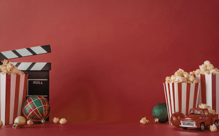 A festive holiday scene featuring popcorn, Christmas ornaments, and a movie clapperboard on a red backgroundの写真素材