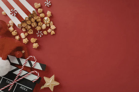A festive holiday setup for a movie night with popcorn, candy canes, and a clapperboardの写真素材