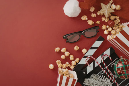 A festive arrangement of Christmas and movie-themed items, including popcorn, candy canes, 3D glasses, and a clapperboard, set against a red background.の写真素材
