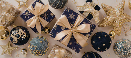 A collection of Christmas ornaments and gift boxes on a white surface