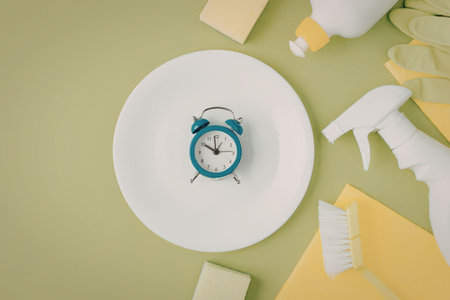 A white plate with a blue clock on a green background surrounded by cleaning supplies