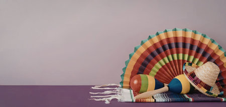 A vibrant still life of fiesta accessories including a sombrero, maracas, and a fan on a purple background.の写真素材
