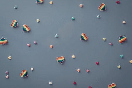 A vibrant and playful assortment of rainbow-colored candy pieces scattered across a purple background, creating a visually appealing and festive atmosphere.の写真素材