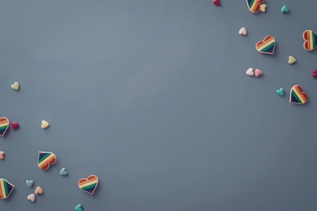 A vibrant and playful image featuring a scattering of rainbow-colored candies on a solid purple...