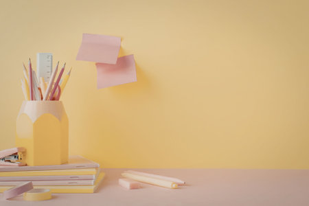 A vibrant still life of school supplies on a desk against a bright yellow background