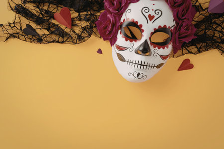 A colorful sugar skull with pink hair and decorative makeup on a yellow background, surrounded by...