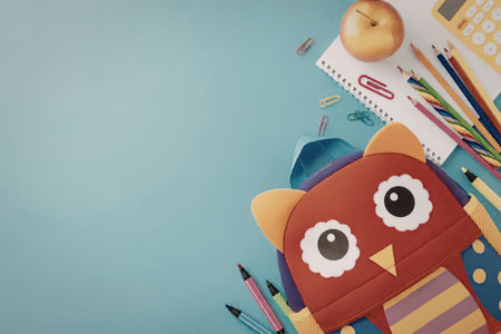 A vibrant collection of school supplies, including a cartoon owl pencil case, pencils, pens, a...