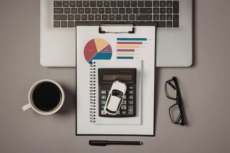 A desk with a laptop, car keys on a notebook, a cup of coffee, and glasses.