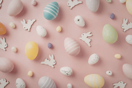 A colorful arrangement of Easter eggs and bunny cutouts on a pink background