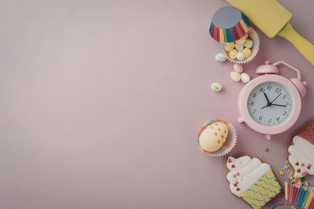 An Easter-themed arrangement with colorful baked goods, candies, and a pink alarm clock on a pink...