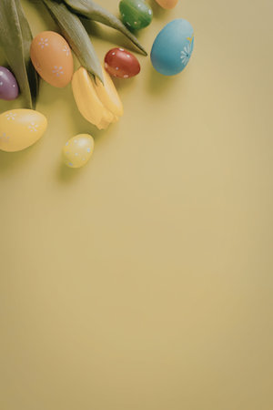 Colorful Easter eggs and tulips on a yellow backgroundの写真素材