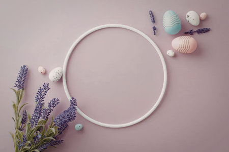 A white circle surrounded by purple flowers, Easter eggs, and small balls on a purple background