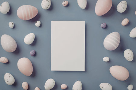 A white card surrounded by various pastel-colored Easter eggs on a purple background