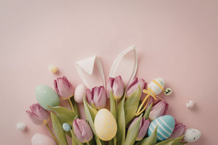 A colorful arrangement of Easter eggs and tulips on a soft pink background, symbolizing spring and Easter celebration.の写真素材