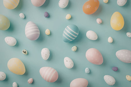 A colorful arrangement of Easter eggs in various sizes and pastel colors on a light blue background