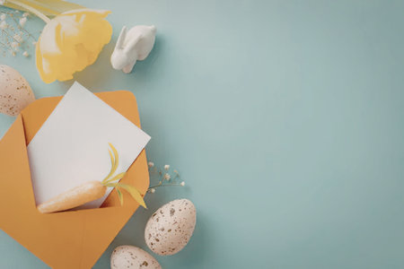 Easter card with yellow tulip, eggs and orange envelope on blue background