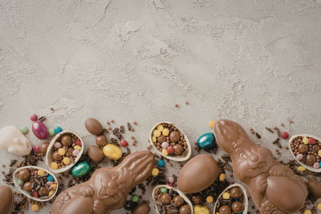 An assortment of colorful Easter treats and chocolate on a concrete background