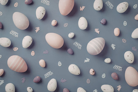 The image features a collection of Easter eggs in various sizes and colors, including pink, white,...