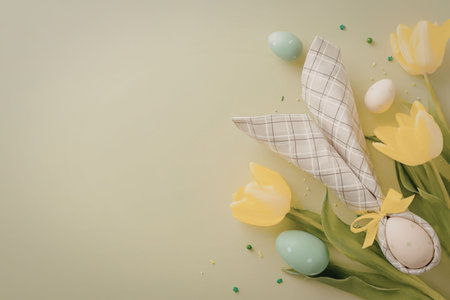A colorful Easter decoration featuring yellow tulips, green and white eggs, and a bunny ear on a...
