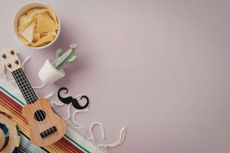 A collection of fiesta accessories including a guitar, chips, cactus, mustache, and sombrero on a...