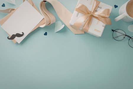 A serene morning setup featuring a gift, coffee, and stationery on a light blue background.