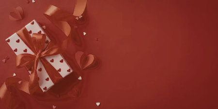 A white gift box with red ribbon and heart pattern on a red background with scattered ribbons and...
