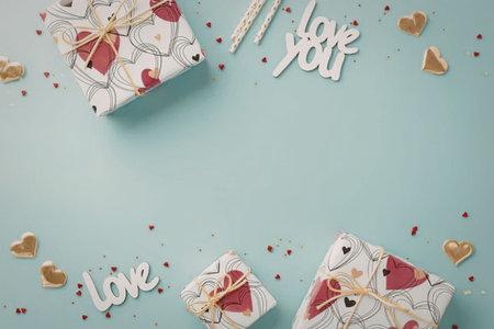 gifts wrapped in white paper with pink and gold ribbons on a light blue background with love words and gold heartsの写真素材