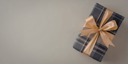 A gift box wrapped in blue plaid paper with a gold ribbon tied in a bow on a gray background.の写真素材