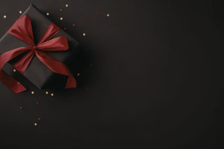 A black gift box with a red ribbon tied in a bow on a black background with gold and red confetti