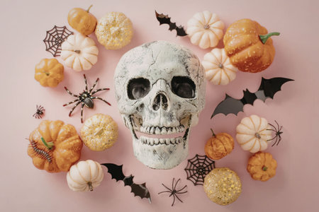 A white skull surrounded by various orange, yellow and white pumpkins, bats, and spiders on a pink...