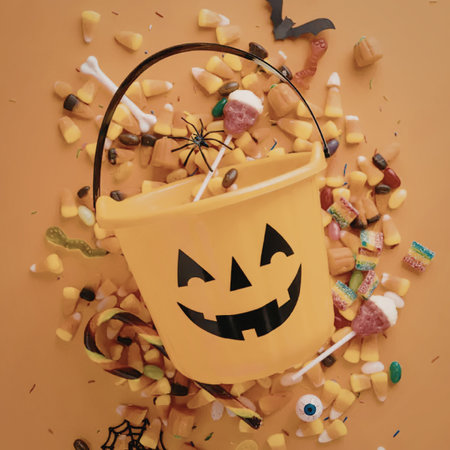 A jack-o-lantern bucket filled with Halloween candy and treatsの写真素材