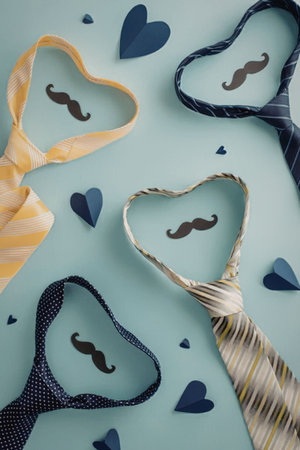 An image of heart-shaped ties with mustaches and blue hearts on a light blue background