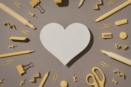 A white heart surrounded by yellow school supplies on a gray background