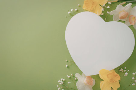 a white heart shaped card surrounded by yellow flowers and small white flowers on a green background