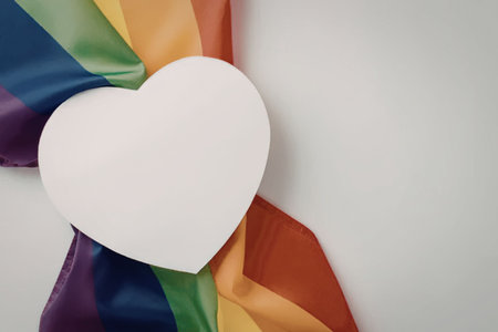 A white heart symbol on a rainbow flag background, representing love and support for the LGBTQ...