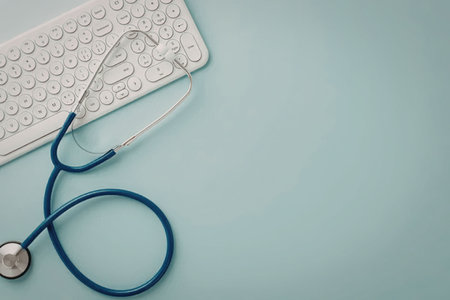 A stethoscope and a blister pack of pills on a light blue background