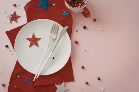 A festive table setting with a red napkin, white plate, and star decorations in red, white, and blue...