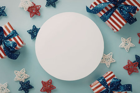 A light blue background with a white circle surrounded by red, white, and blue stars and gifts...