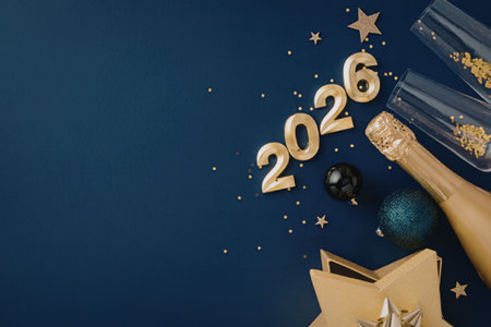 A festive scene with champagne, ornaments, and gold decorations on a blue background, celebrating...