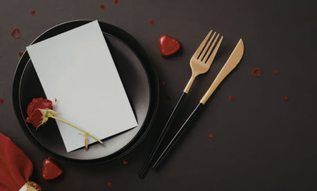 A black plate with a white card, gold fork and knife, and a red rose on a dark background with...