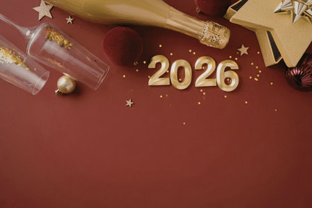 A festive setup for the new year 2026 with champagne bottles, gold stars, and confetti on a red...