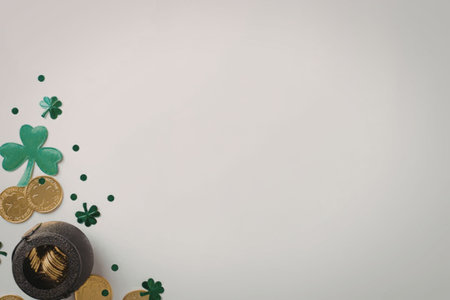 a st. patrick's day themed image with a pot of gold, four-leaf clover, and coins