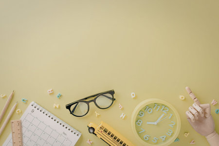 A collection of school supplies including a notebook, pencils, glasses, a clock, and a hand pointing...