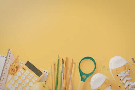 A collection of school supplies arranged on a bright yellow background