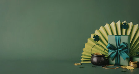 A gift box with a green bow, a pot of gold, and a green fan on a green background, perfect for St....