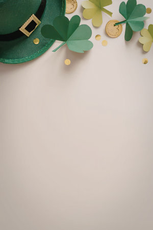 a green hat with a gold buckle and black band, surrounded by green shamrocks and gold coins on a...