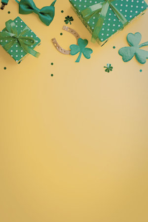 St Patricks Day gift ideas with green decor on yellow background