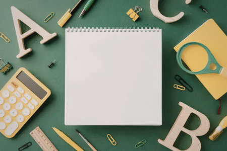 A collection of school supplies on a green background including a notepad, calculator, scissors,...