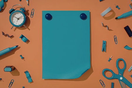 A collection of school supplies, including a blue notepad, alarm clock, scissors, pencils, and pens,...