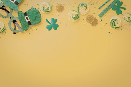 A vibrant yellow background with St. Patrick's Day themed decorationsの写真素材